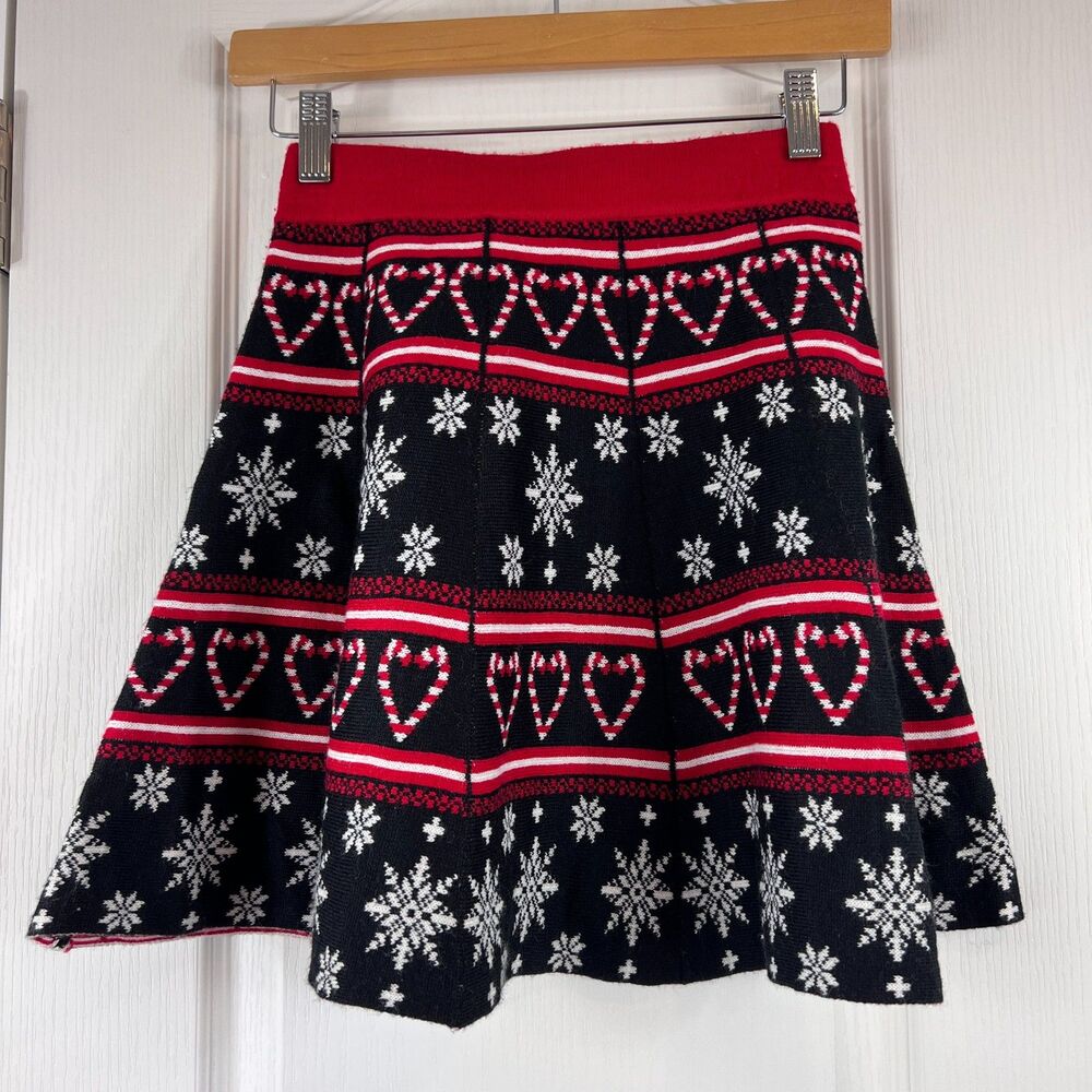 It's Our Time Christmas Skirt Black Red Candy Cane Hearts Snowflakes Women's XS